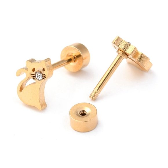 Teeny Tiny little cat kitten Stud earring screw back & CZ accent Mix&Match 2/$10 - Picture 3 of 4